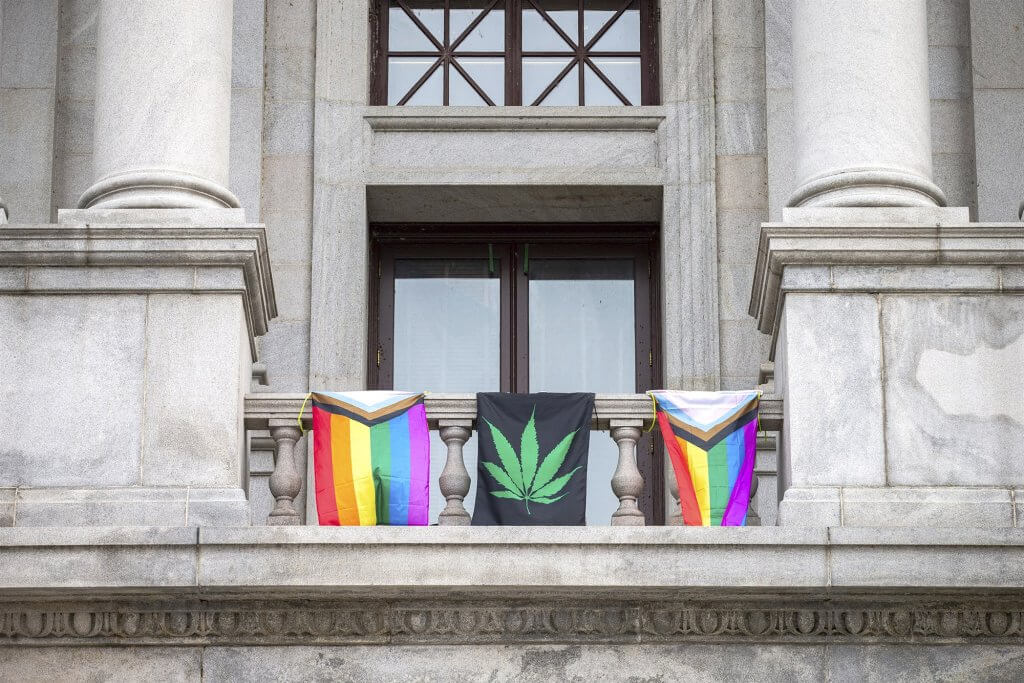 Lt. Gov. John Fetterman’s marijuana and LGBTQ flags are waving at his Capitol office (January 2021)